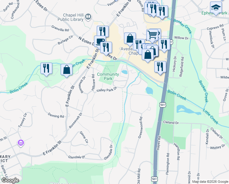 map of restaurants, bars, coffee shops, grocery stores, and more near 220 Hillcrest Circle in Chapel Hill