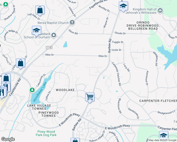map of restaurants, bars, coffee shops, grocery stores, and more near 5510 Grand Mesa Drive in Durham