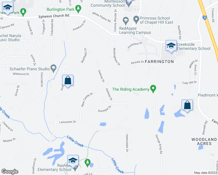 map of restaurants, bars, coffee shops, grocery stores, and more near 116 Galway Drive in Chapel Hill