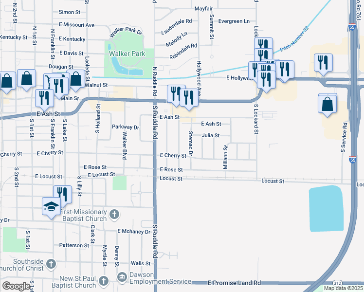 map of restaurants, bars, coffee shops, grocery stores, and more near 1012 East Cherry Street in Blytheville