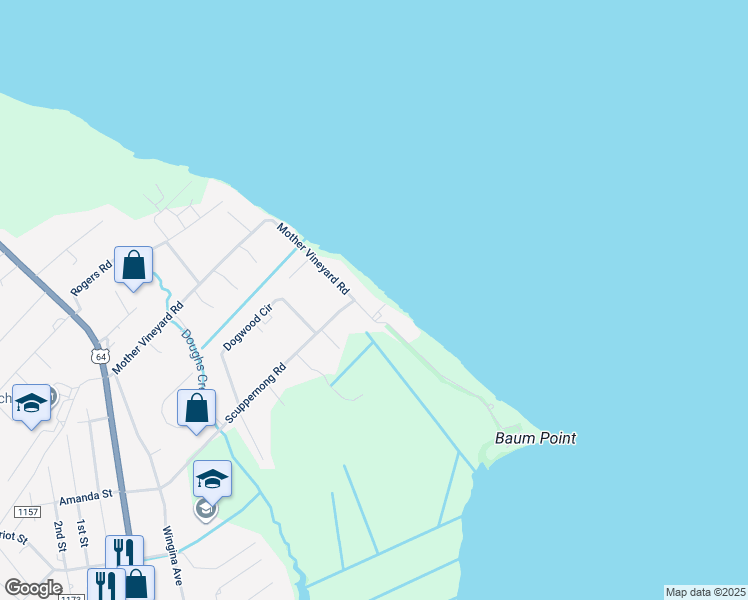 map of restaurants, bars, coffee shops, grocery stores, and more near 283 Mother Vineyard Road in Manteo