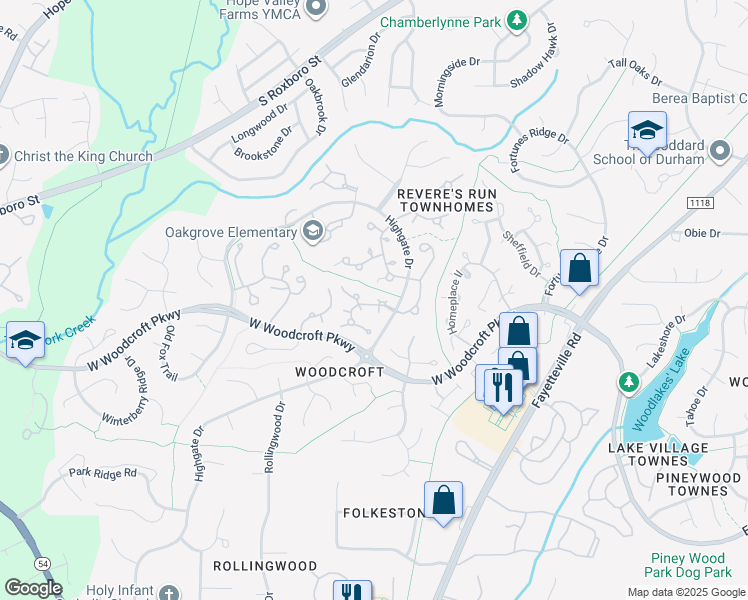 map of restaurants, bars, coffee shops, grocery stores, and more near 6 Weathergreen Court in Durham