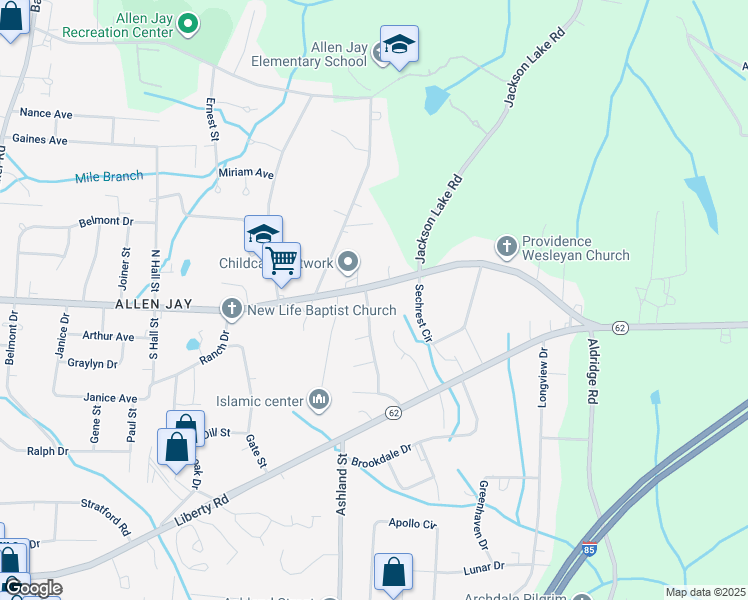 map of restaurants, bars, coffee shops, grocery stores, and more near 3603 Southpark Drive in High Point