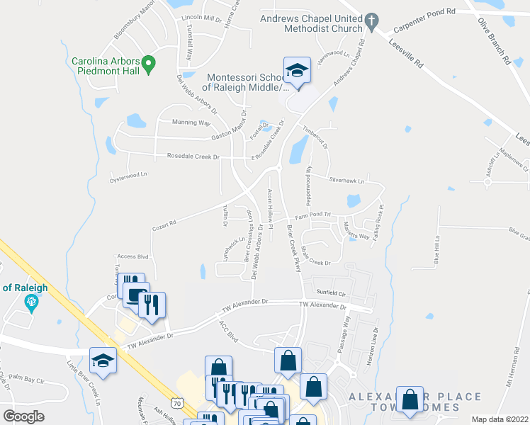 map of restaurants, bars, coffee shops, grocery stores, and more near 131 Acorn Hollow Place in Durham
