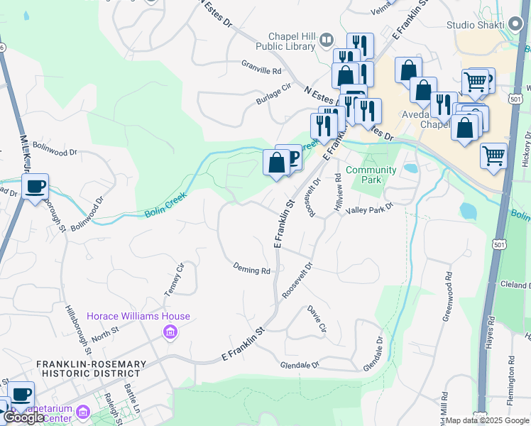 map of restaurants, bars, coffee shops, grocery stores, and more near 103 Elizabeth Street in Chapel Hill