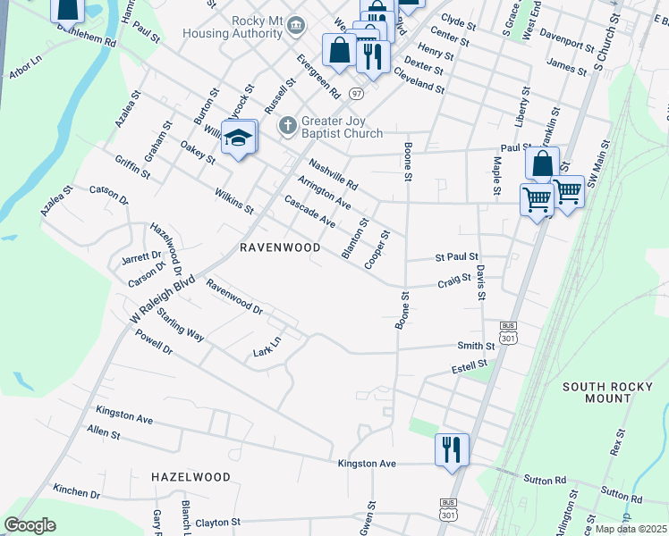 map of restaurants, bars, coffee shops, grocery stores, and more near Collie Street in Rocky Mount