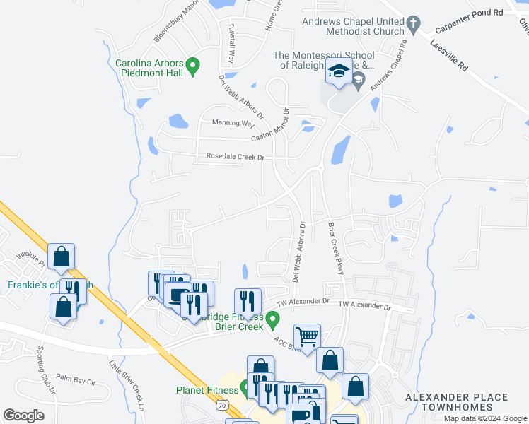 map of restaurants, bars, coffee shops, grocery stores, and more near 110 Tuftin Drive in Durham