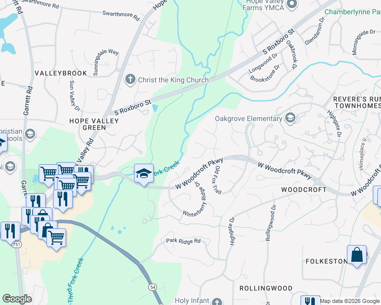 map of restaurants, bars, coffee shops, grocery stores, and more near 1132 West Woodcroft Parkway in Durham