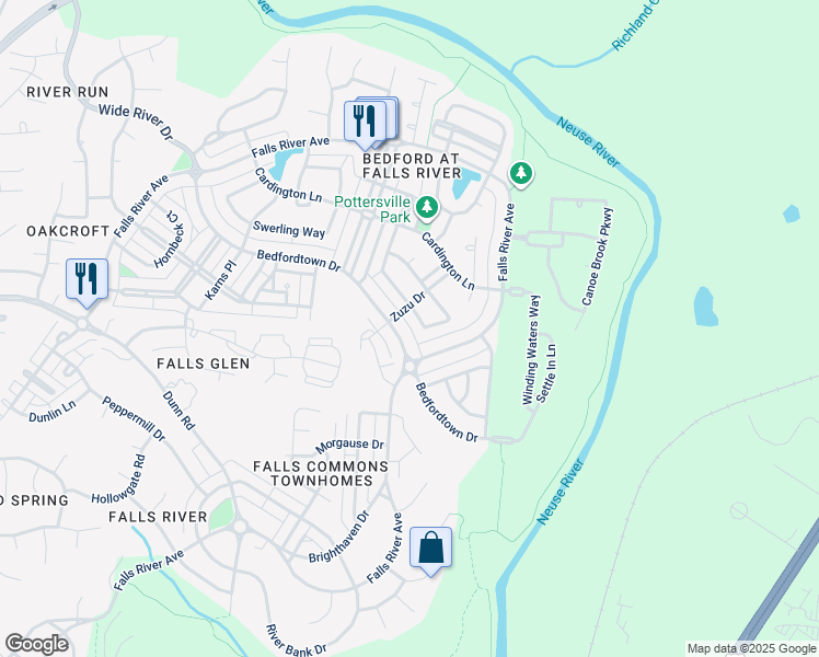 map of restaurants, bars, coffee shops, grocery stores, and more near 10720 Bedfordtown Drive in Raleigh