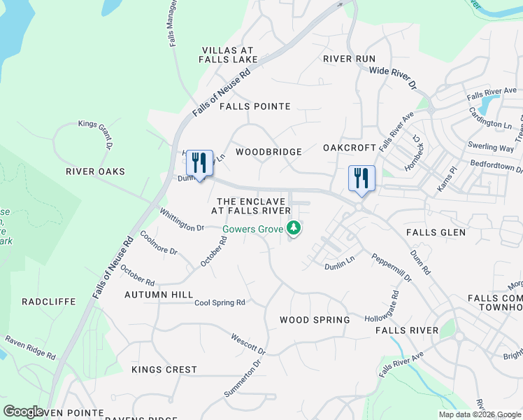 map of restaurants, bars, coffee shops, grocery stores, and more near 11205 Tinsley Court in Raleigh