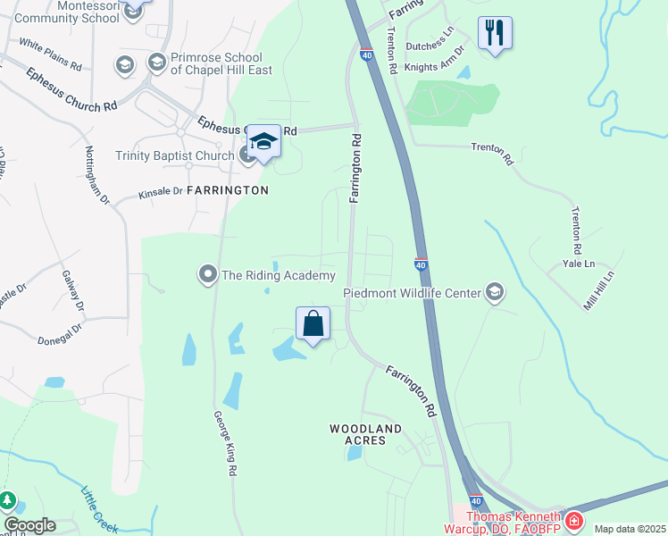 map of restaurants, bars, coffee shops, grocery stores, and more near 5216 Farrington Road in Chapel Hill