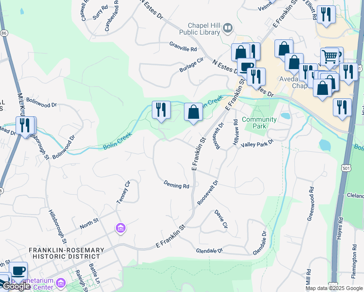 map of restaurants, bars, coffee shops, grocery stores, and more near 1109 East Franklin Street in Chapel Hill