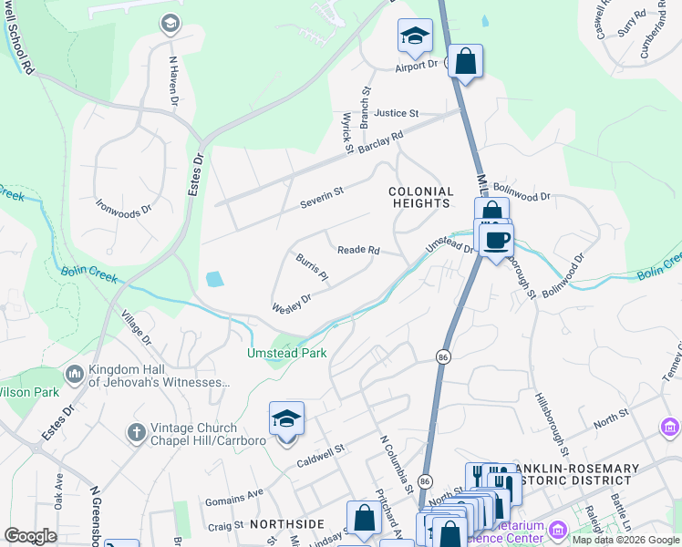 map of restaurants, bars, coffee shops, grocery stores, and more near 315 Wesley Drive in Chapel Hill