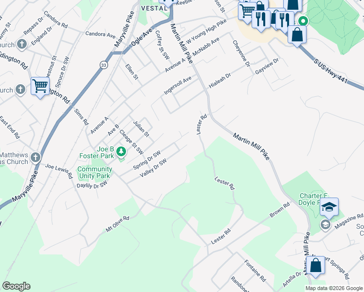 map of restaurants, bars, coffee shops, grocery stores, and more near 904 Valley Drive Southwest in Knoxville