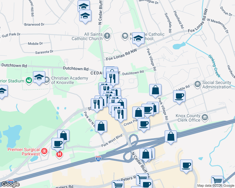 map of restaurants, bars, coffee shops, grocery stores, and more near 402 North Cedar Bluff Road in Knoxville
