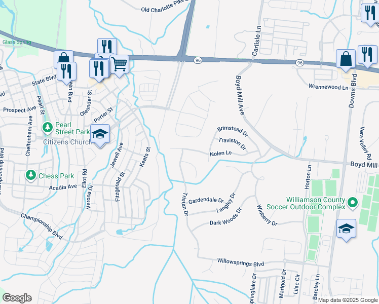 map of restaurants, bars, coffee shops, grocery stores, and more near 3112 Tristan Drive in Franklin