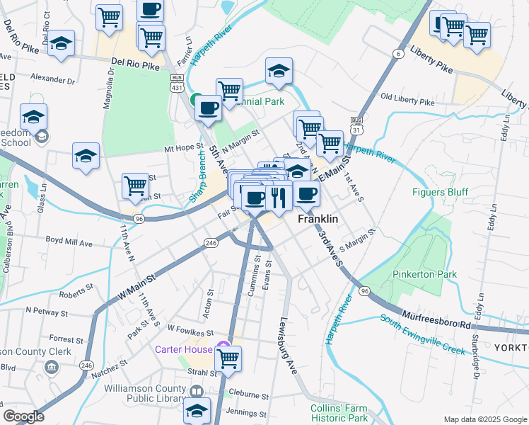 map of restaurants, bars, coffee shops, grocery stores, and more near 419 Main Street in Franklin