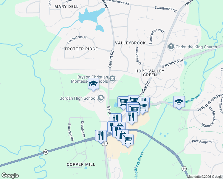 map of restaurants, bars, coffee shops, grocery stores, and more near 6800 Garrett Road in Durham