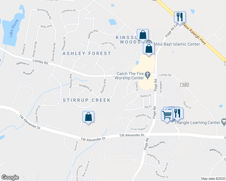 map of restaurants, bars, coffee shops, grocery stores, and more near 5417 Pageford Drive in Durham