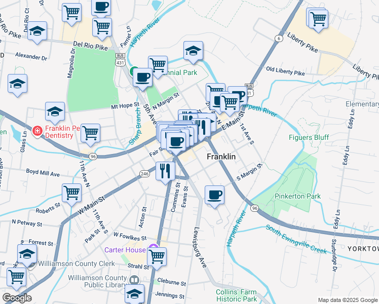 map of restaurants, bars, coffee shops, grocery stores, and more near 125 5th Avenue North in Franklin