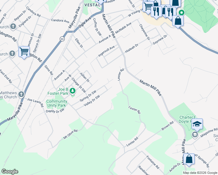 map of restaurants, bars, coffee shops, grocery stores, and more near 904 Valley Drive Southwest in Knoxville