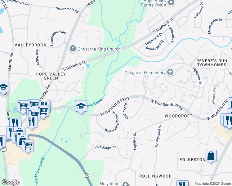 map of restaurants, bars, coffee shops, grocery stores, and more near 4 Barkridge Court in Durham