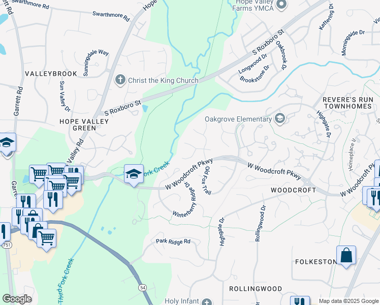 map of restaurants, bars, coffee shops, grocery stores, and more near 4 Barkridge Court in Durham