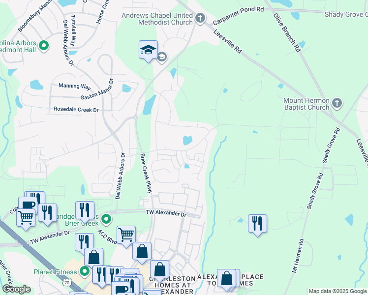 map of restaurants, bars, coffee shops, grocery stores, and more near 1403 Farm Pond Trail in Durham