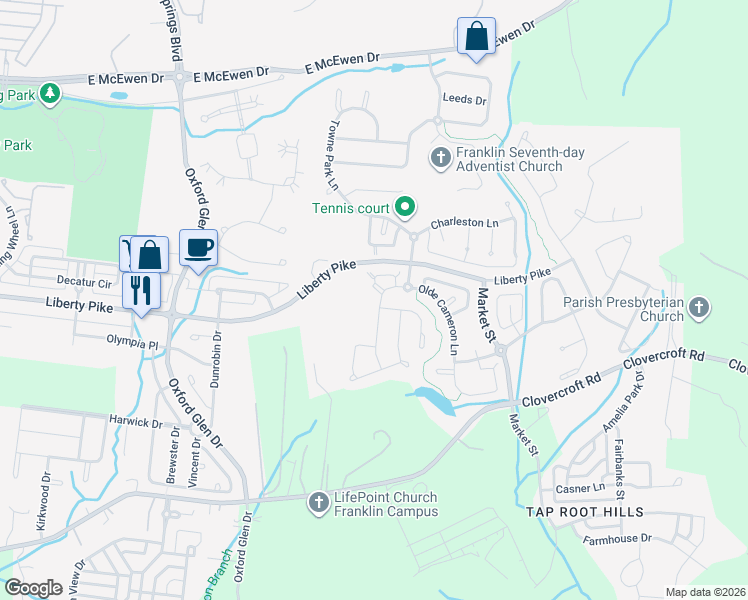 map of restaurants, bars, coffee shops, grocery stores, and more near 1404 Harve Court in Franklin