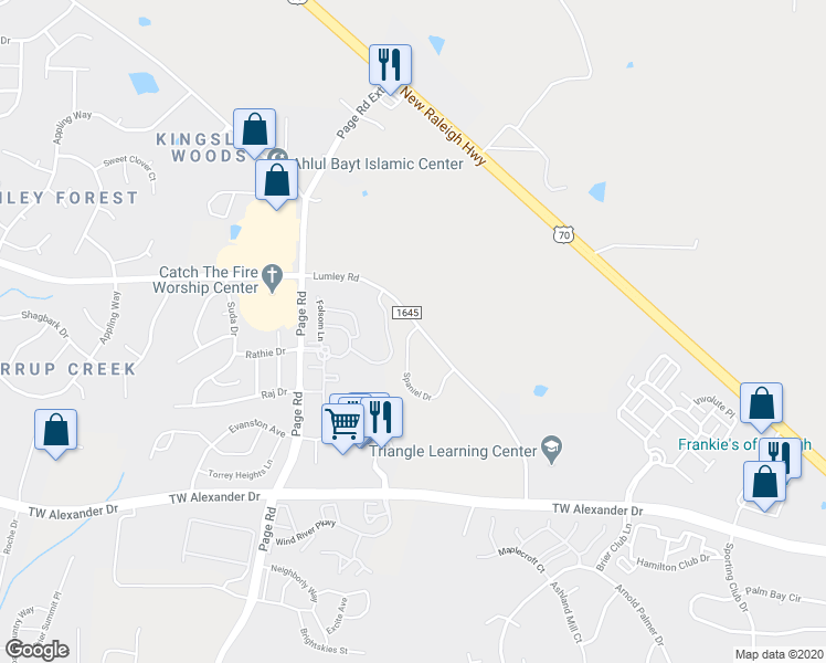 map of restaurants, bars, coffee shops, grocery stores, and more near 102 Spaniel Drive in Morrisville