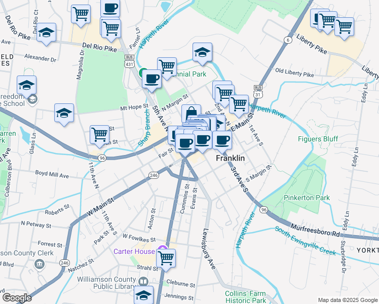 map of restaurants, bars, coffee shops, grocery stores, and more near 117 4th Avenue North in Franklin
