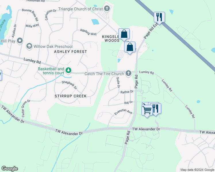 map of restaurants, bars, coffee shops, grocery stores, and more near 2807 Bombay Drive in Durham