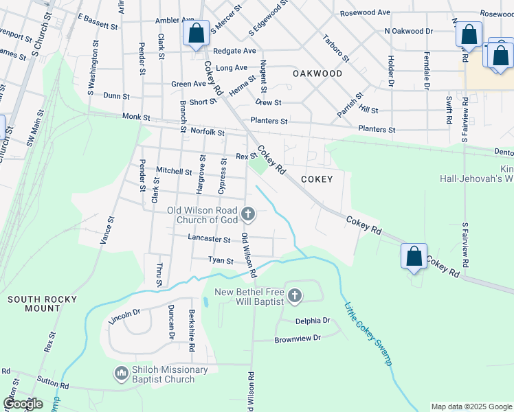map of restaurants, bars, coffee shops, grocery stores, and more near 1036 Burt Street in Rocky Mount
