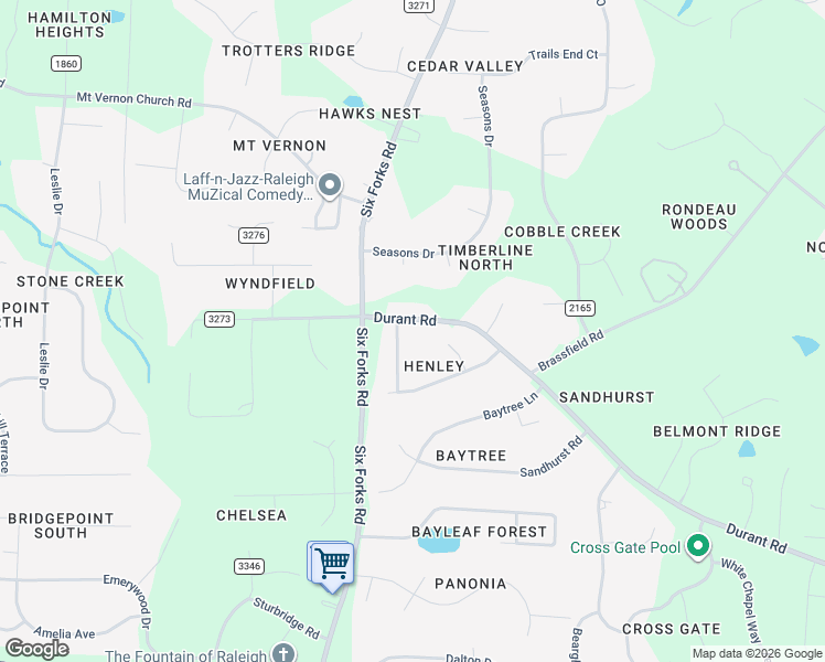 map of restaurants, bars, coffee shops, grocery stores, and more near 14008 Durant Road in Raleigh