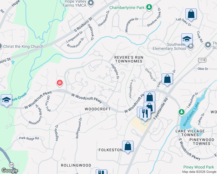 map of restaurants, bars, coffee shops, grocery stores, and more near 521 Woodwinds Drive in Durham