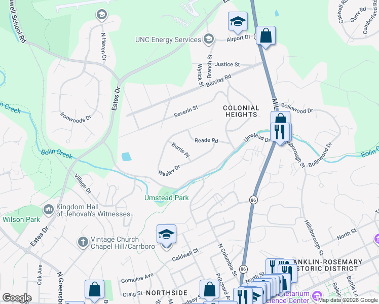 map of restaurants, bars, coffee shops, grocery stores, and more near 324 Burris Place in Chapel Hill