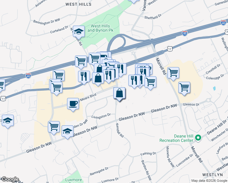 map of restaurants, bars, coffee shops, grocery stores, and more near 7808 Montvue Road Northwest in Knoxville