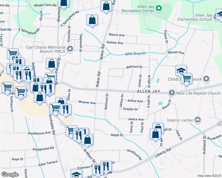 map of restaurants, bars, coffee shops, grocery stores, and more near 705 East Fairfield Road in High Point