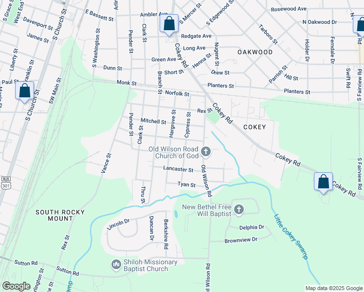 map of restaurants, bars, coffee shops, grocery stores, and more near 1410 Cypress Street in Rocky Mount