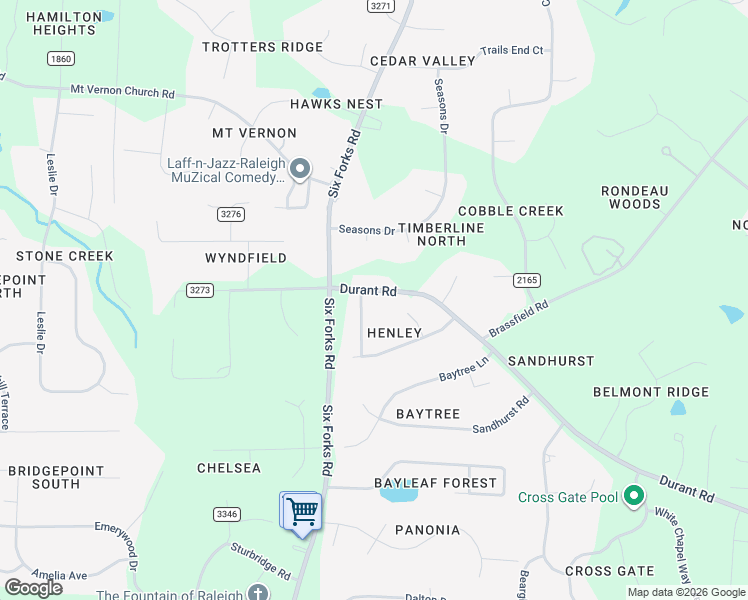 map of restaurants, bars, coffee shops, grocery stores, and more near 14008 Durant Road in Raleigh