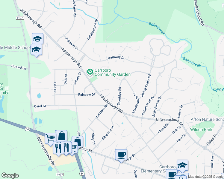 map of restaurants, bars, coffee shops, grocery stores, and more near 104 Daphne Lane in Chapel Hill