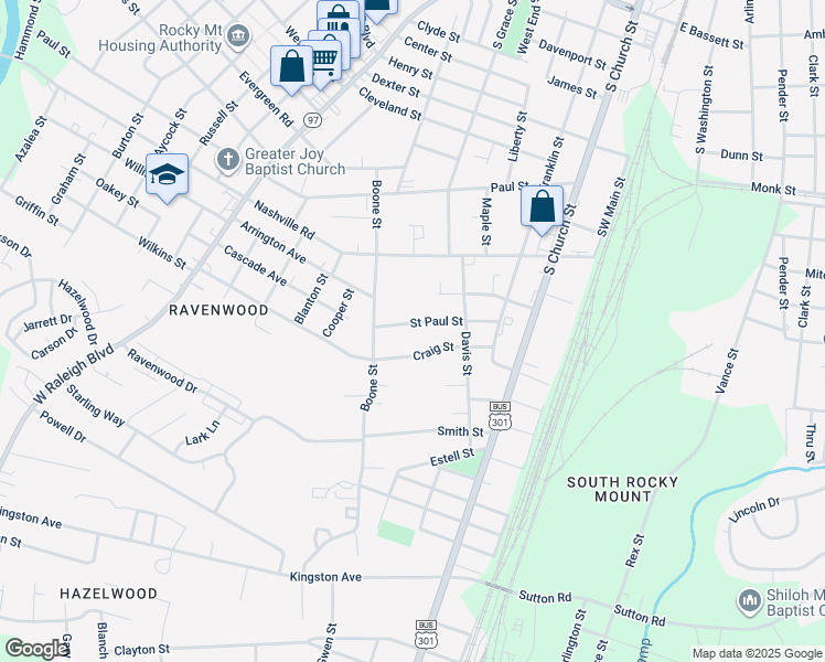 map of restaurants, bars, coffee shops, grocery stores, and more near 433 Saint Paul Street in Rocky Mount