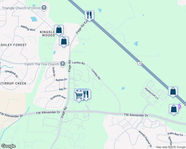 map of restaurants, bars, coffee shops, grocery stores, and more near 104 Spaniel Drive in Morrisville