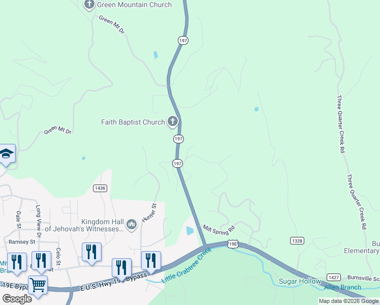 map of restaurants, bars, coffee shops, grocery stores, and more near 496 North Carolina 197 in Burnsville