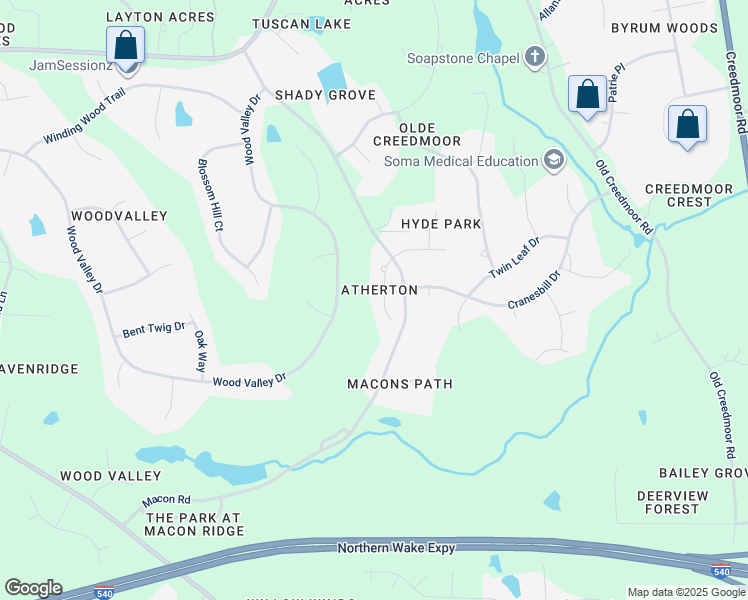 map of restaurants, bars, coffee shops, grocery stores, and more near 5209 Atherton Bridge Road in Raleigh