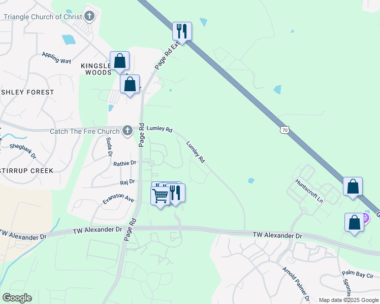map of restaurants, bars, coffee shops, grocery stores, and more near 102 Spaniel Drive in Morrisville