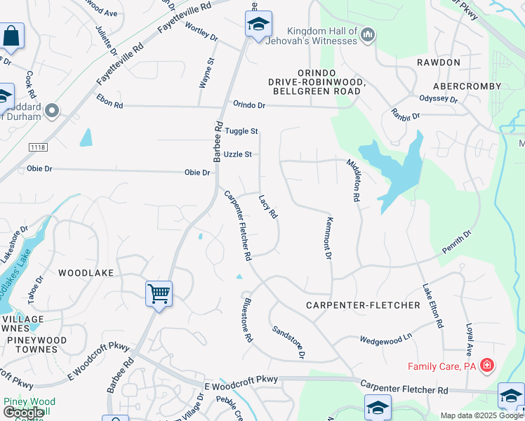 map of restaurants, bars, coffee shops, grocery stores, and more near 5412 Lacy Road in Durham