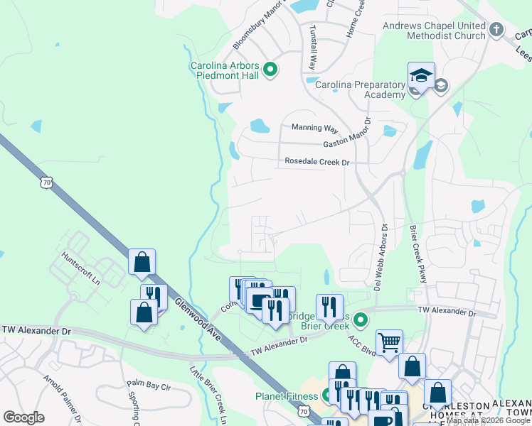 map of restaurants, bars, coffee shops, grocery stores, and more near 1206 Oysterwood Lane in Durham