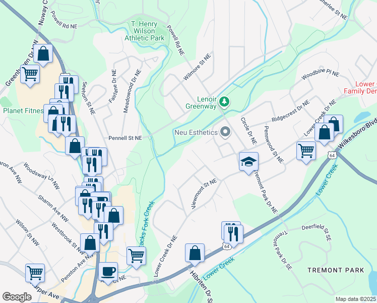 map of restaurants, bars, coffee shops, grocery stores, and more near 523 Woodhaven Street Northeast in Lenoir