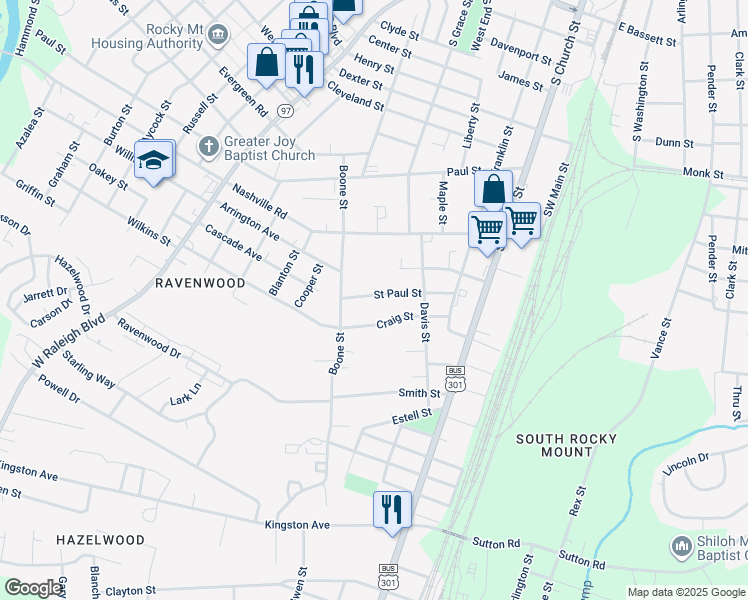 map of restaurants, bars, coffee shops, grocery stores, and more near 433 Saint Paul Street in Rocky Mount